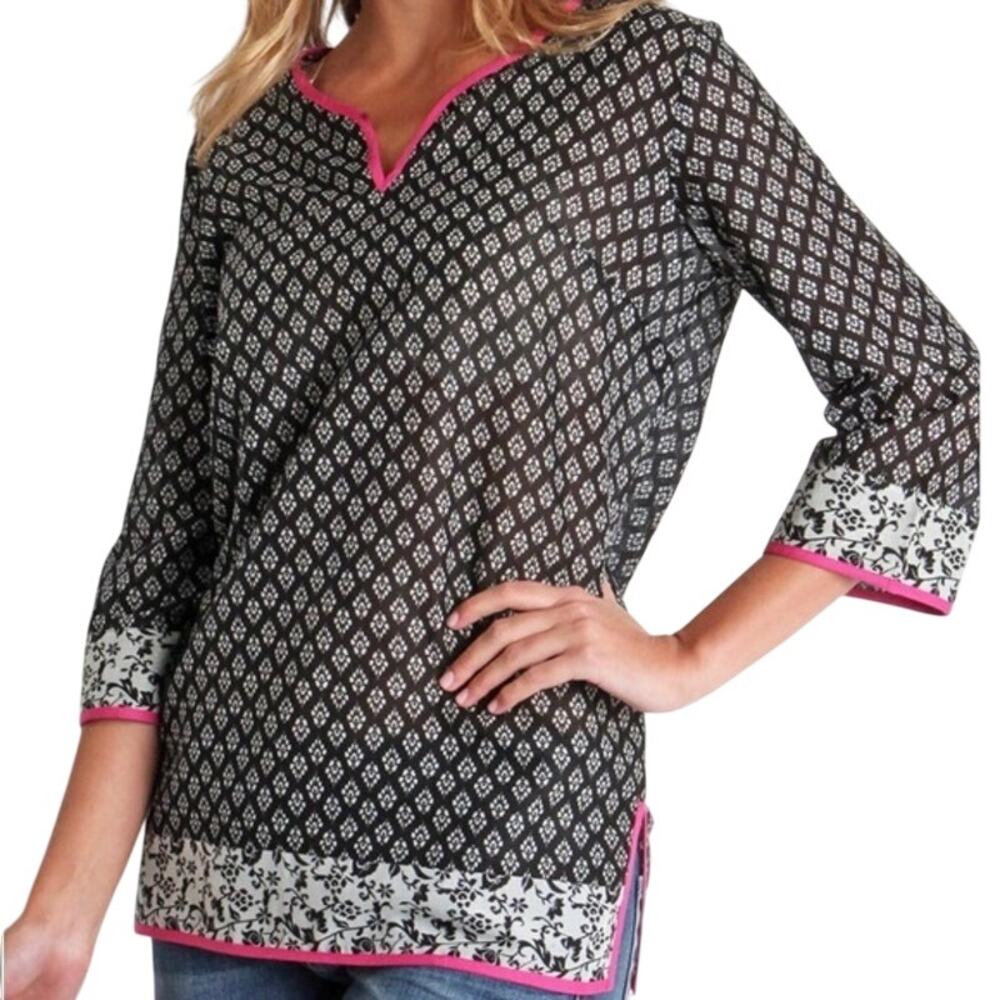 NWT Kut from the Kloth Floral Black White 3/4 Sleeve Shirt XS